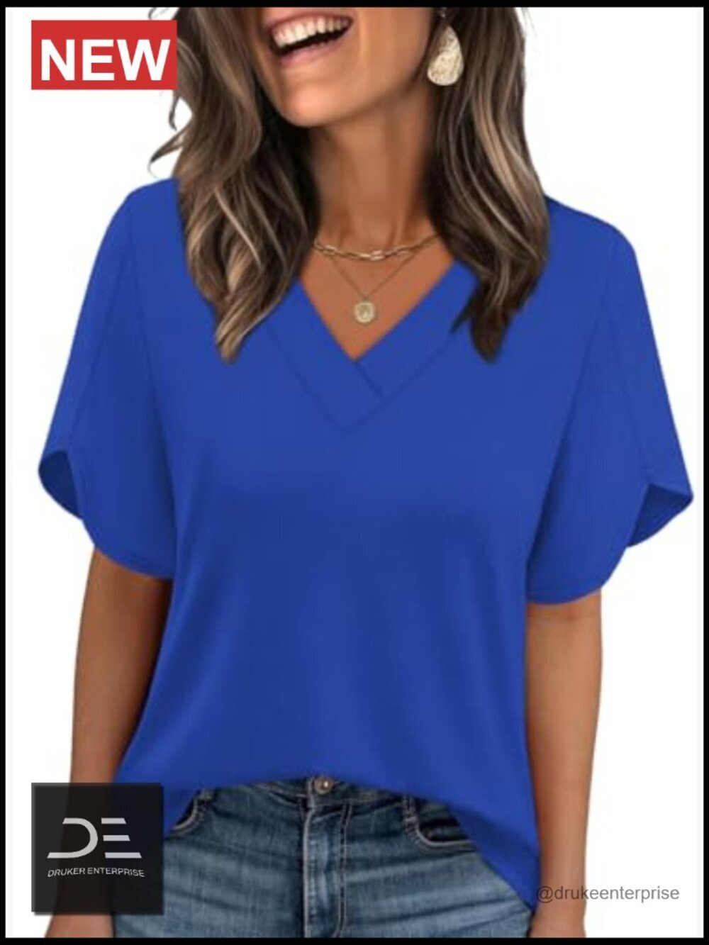 V-Neck Short Petal Sleeve T-Shirt Blouse Loose Fit Summer Top - Picture 2 of 6